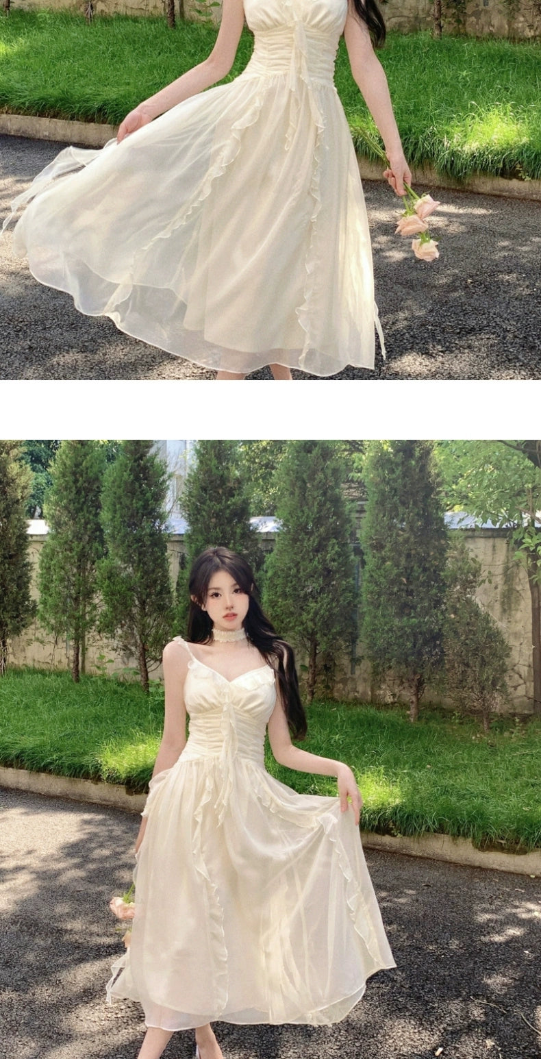 Fashion women's wear French Pure Desire Sexy White Ruffled Chiffon Sling Dress Fairy Seaside Vacation Escape Princess Long Dress