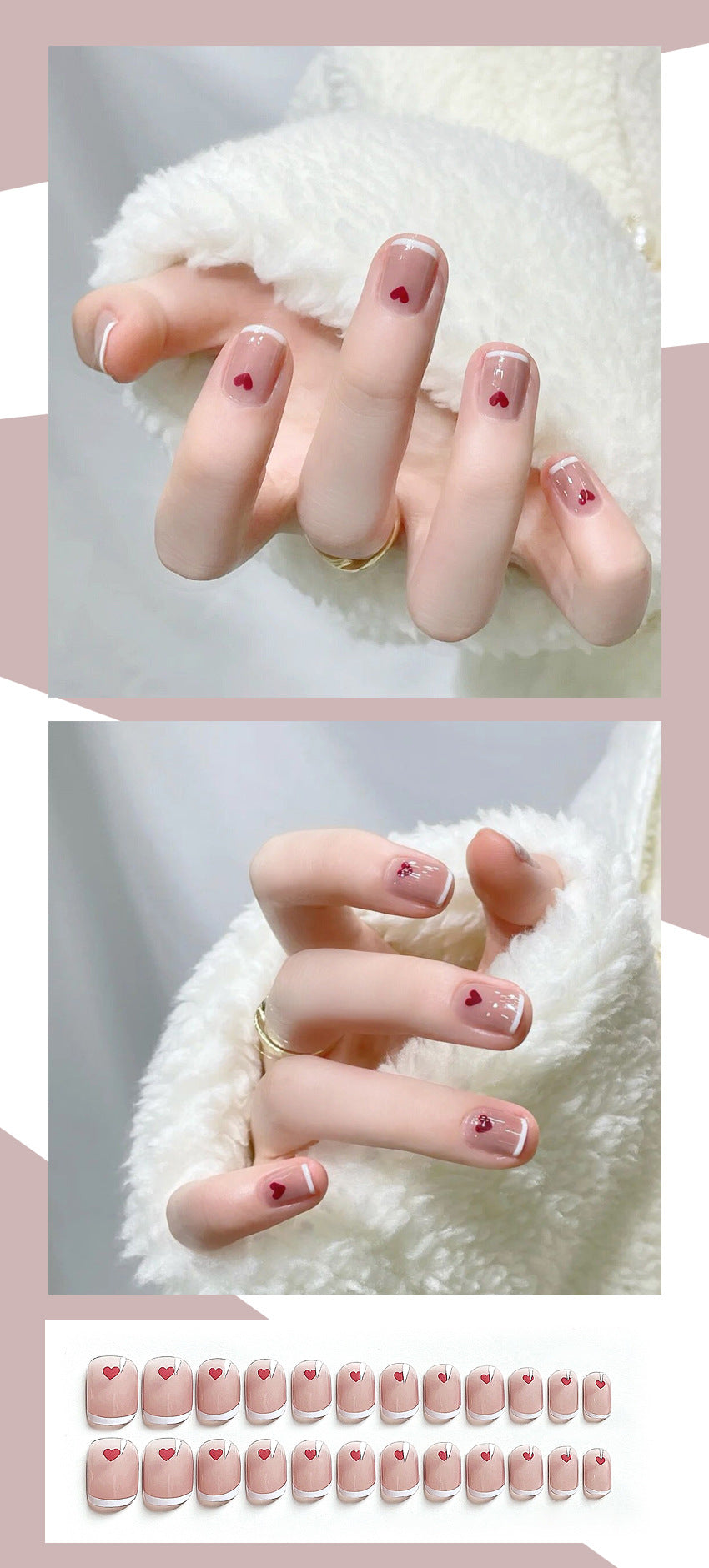 Fashion  nail Wear Armor French Gentle Heart Love Heart Fake Nails Short Nail Sticker Detachable Finished Nail Beauty Nail Tip Y27