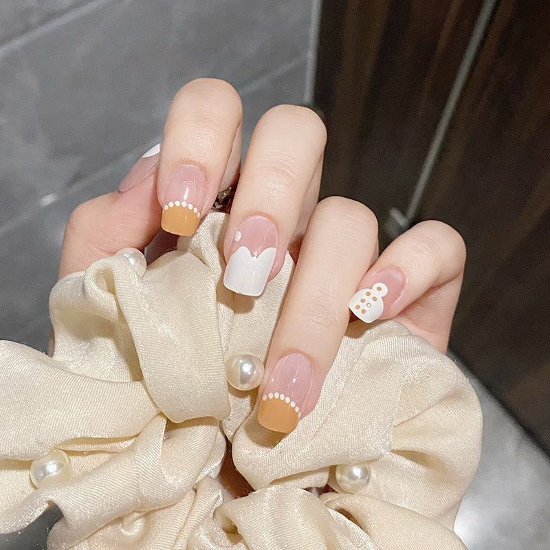 可爱点点穿戴甲流心结指甲贴片焦糖假指甲小清新美甲贴片成品甲片