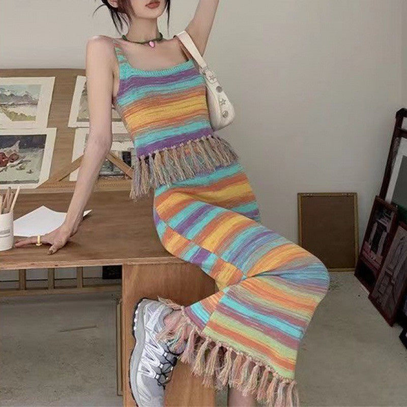 Dopamine dress Free shipping Tattoo Dopamine Sweet Girl Suit Girl Wear Summer Skirt A Complete Set of Fringed Sweet Wind Knitted Suspender Long Dress