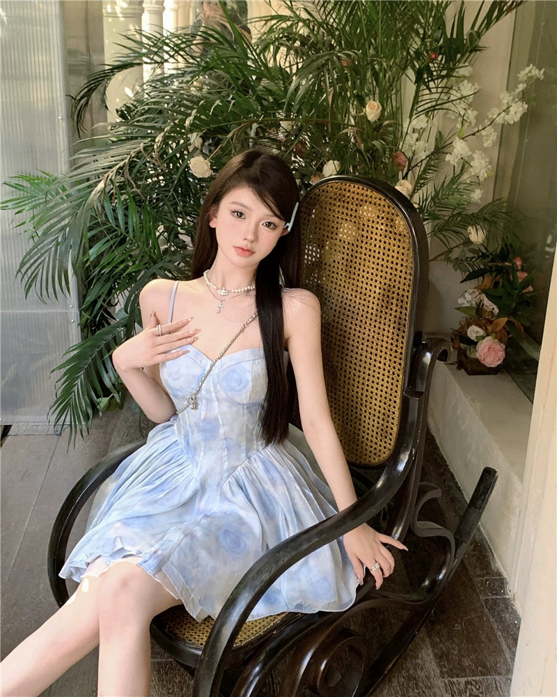 Fashion women's wear Tea Break French Style Fishbone Sling Dress Fairy Birthday Dinner Suit Disney Princess on the Run Bubble Skirt