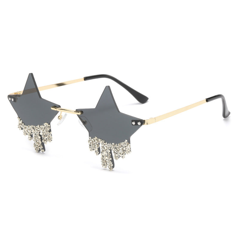Women's fashion glasses 新款欧美五角星镶钻无框太阳镜女时尚个性夸张墨镜防紫外线