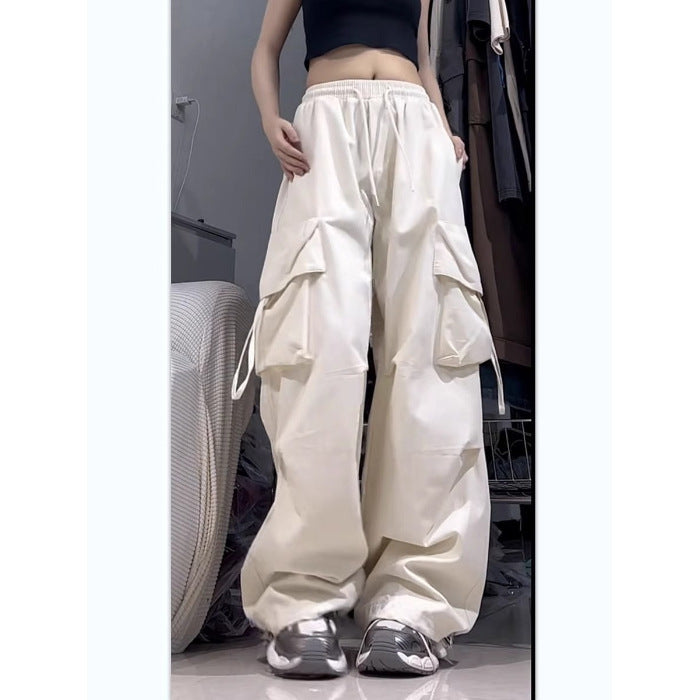 Fashion women's wear American Retro Quick-Drying Overalls Women's Three-Dimensional Pocket High Waist Straight Wide Leg Ribbon Loose Casual Mopping Trousers