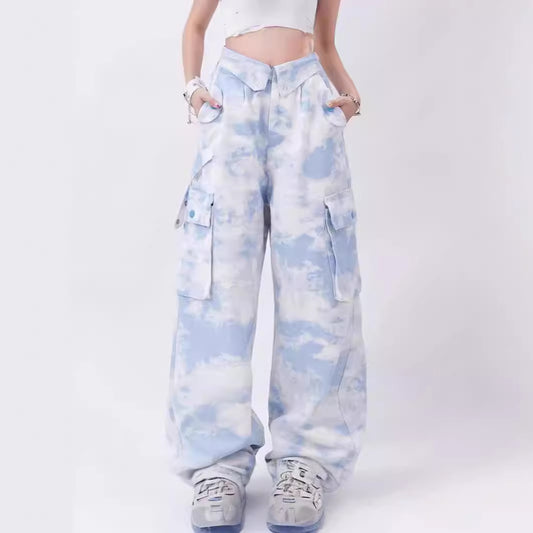 Dopamine pants Free shipping Tattoo Rayohopp dopamine wear camouflage overalls women's flip waist tie-dye design loose straight casual pants
