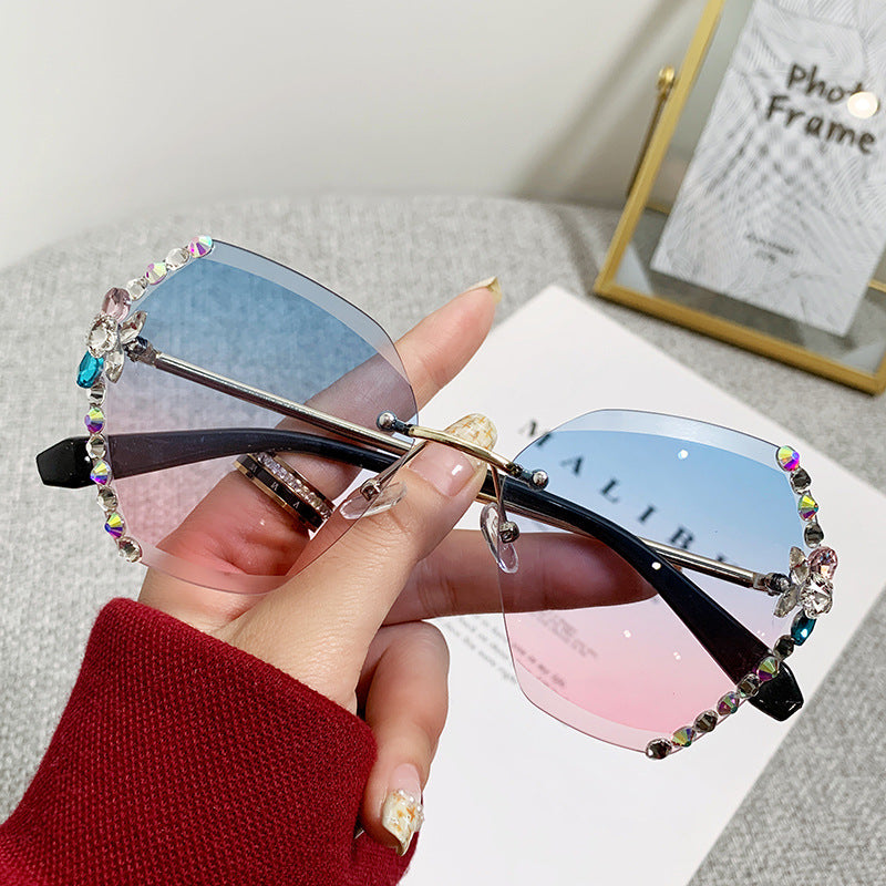Women's fashion glasses 2024  新款时尚太阳镜女士防紫外线大脸显瘦无框水钻墨镜女ins韩版潮