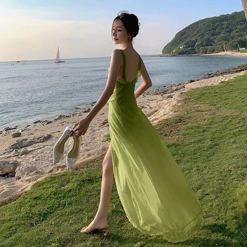 Fashion women's wear French Fairy High-Grade Green Suspenders Dress Ruffled Temperamental Fairy Split Seaside Holiday Beach Dress