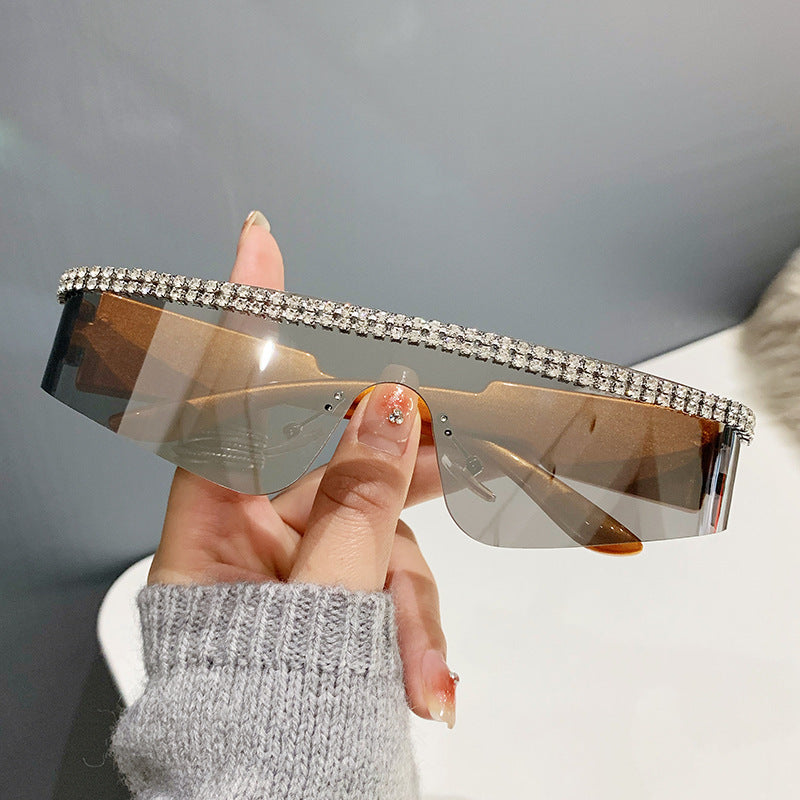 Women's fashion glasses 2023跨境爆款一体太阳镜 欧美个性镶钻连体骑行眼镜 嘻哈运动墨镜