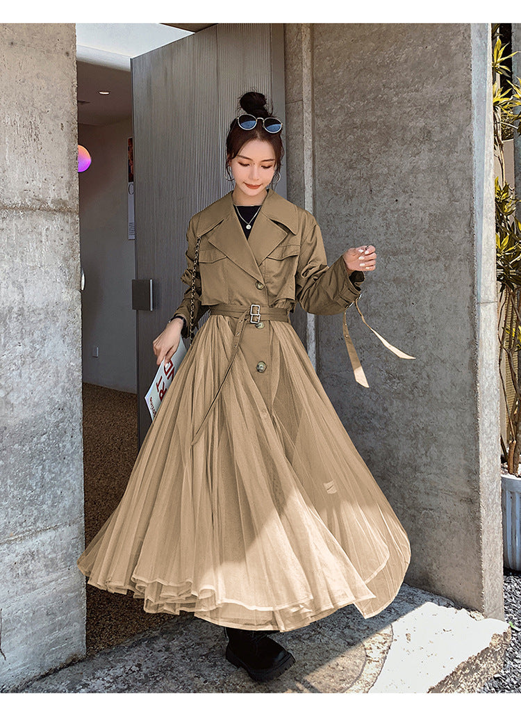 Fashion women's wear A Large Number of in Stock 2024   Purpleflower Holly Leaf Spring and Autumn Trench Coat Women's French Mesh Stitching Casual Temperament Coat