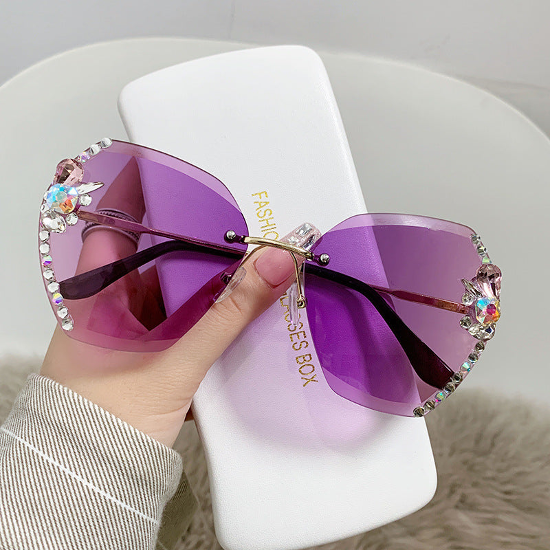 Women's fashion glasses 跨境太阳镜跨境新款镶钻墨镜大脸显瘦防紫外线水晶切边女士太阳镜