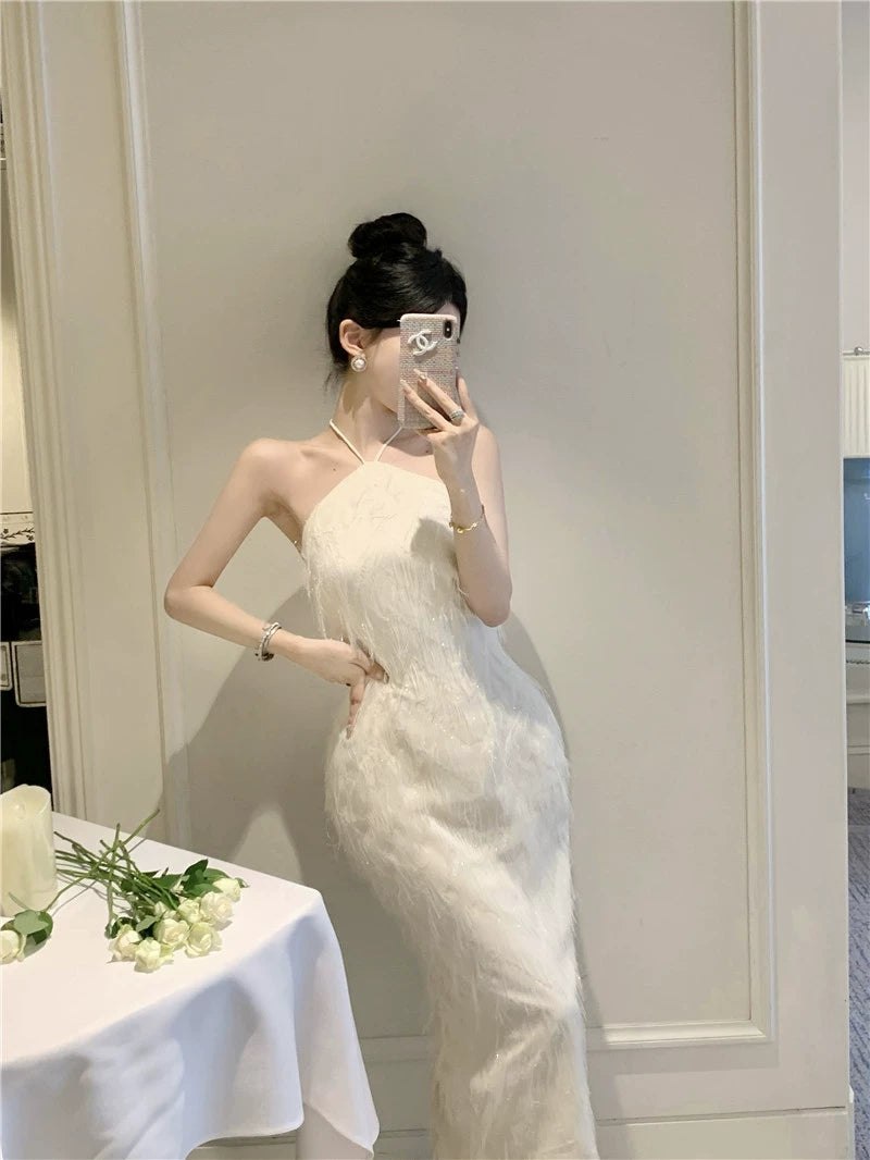 Fashion women's wear French Backless Tassel Halter Spaghetti Straps Dress Women's Spring Temperament Advanced Sexy Engagement License Birthday Party Formal Dress