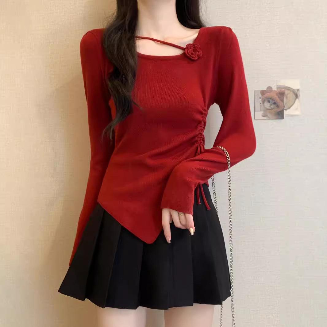 Dopamine tops Free shipping Tattoo Design sense dopamine red three-dimensional flower long-sleeved knitted sweater women's autumn and winter side drawstring outer top women