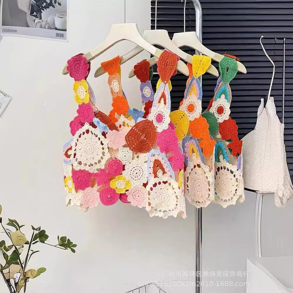 Dopamine tops Free shipping Tattoo Dopamine girly feeling colorful flower hollow sling vest women's summer design sense niche sweet knitted top