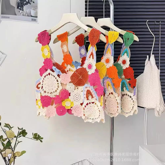 Dopamine tops Free shipping Tattoo Dopamine girly feeling colorful flower hollow sling vest women's summer design sense niche sweet knitted top