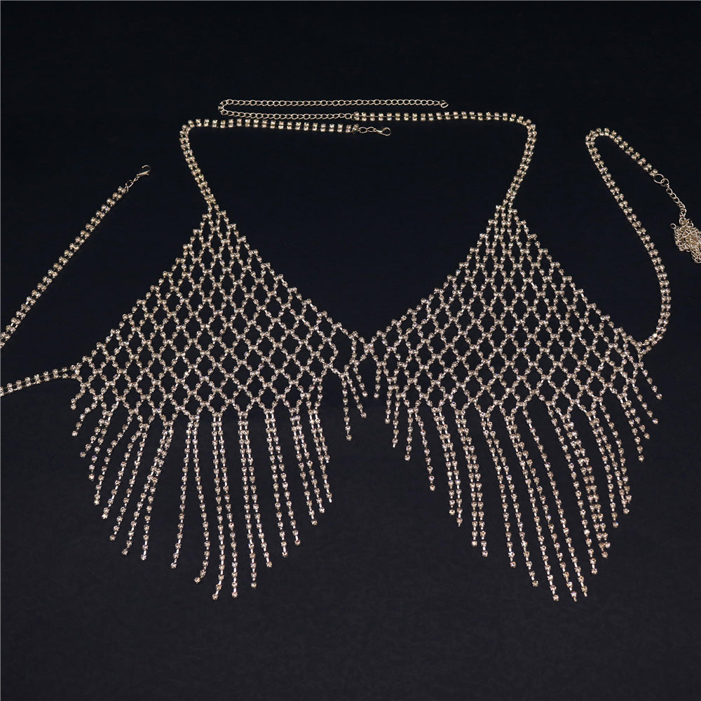 Fashion jewelry cross-border supply European and American rhinestone mesh tassel body chain sexy nightclub exaggerated diamond bra clothing wholesale