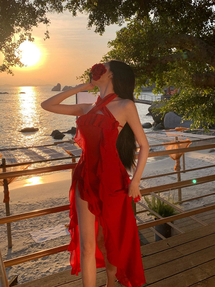 Fashion women's wear French Irregular Red Halter Spaghetti Straps Dress Women's Senior Sexy Beautiful Dress Seaside Holiday Beach Dress