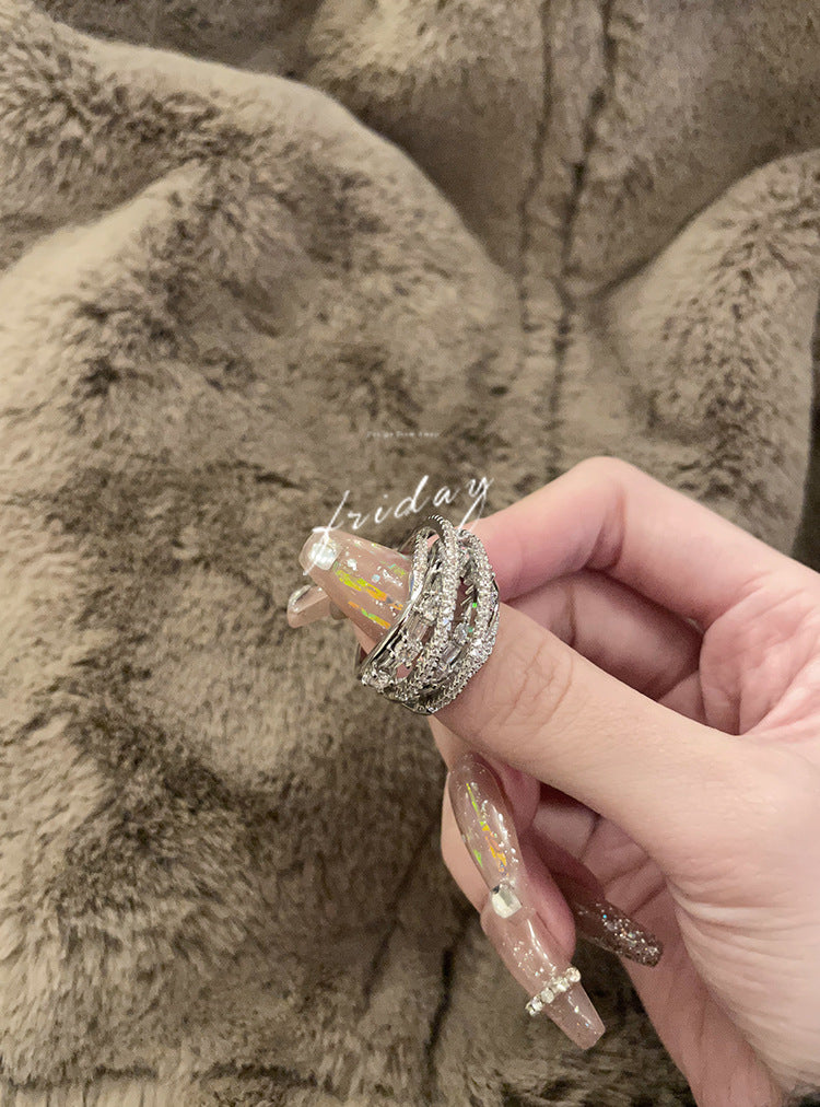 闪亮锆石几何戒指女时尚气质多层线条开口指环ins风网红食指戒潮