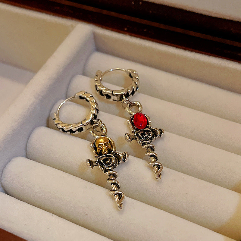 镶钻不对称骷髅头十字架耳扣小众甜酷风耳环高级感百搭耳饰批发女
