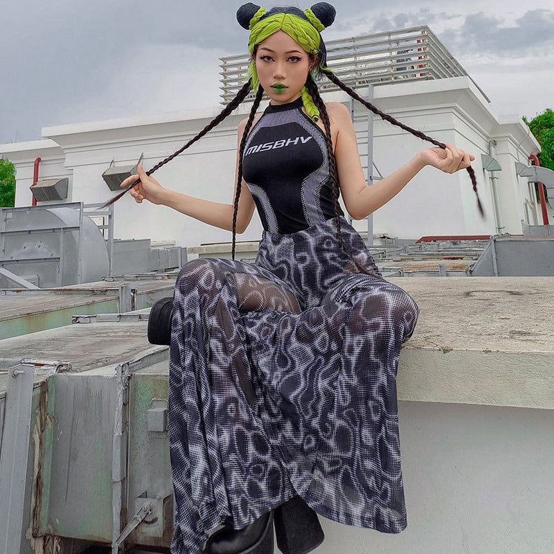 Fashion women's wear Q21pt540 Cross-Border Autumn New Printed High Waist Voile Micro Transparent Fashion Casual Women's Long Bell-Bottom Trousers