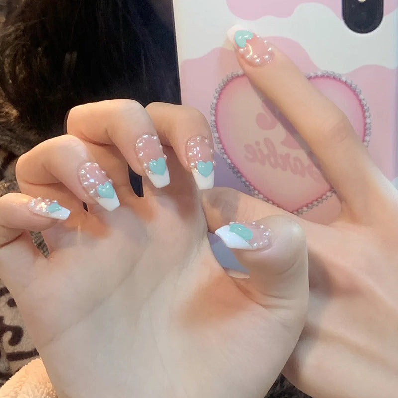 Fashion  nail Wear Nail Nail Stickers Nail Patch Fake Nails Detachable Pearl Peach Heart Nail Tip Nail Sticker X5