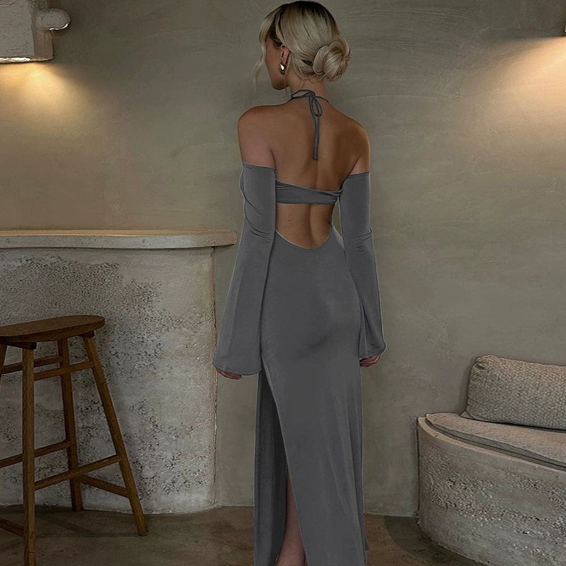 Fashion women's wear Slimming off-Shoulder Long Sleeve Halter Dress Early Autumn New Hot Girl Sexy Backless Sheath Split Dress Fashion