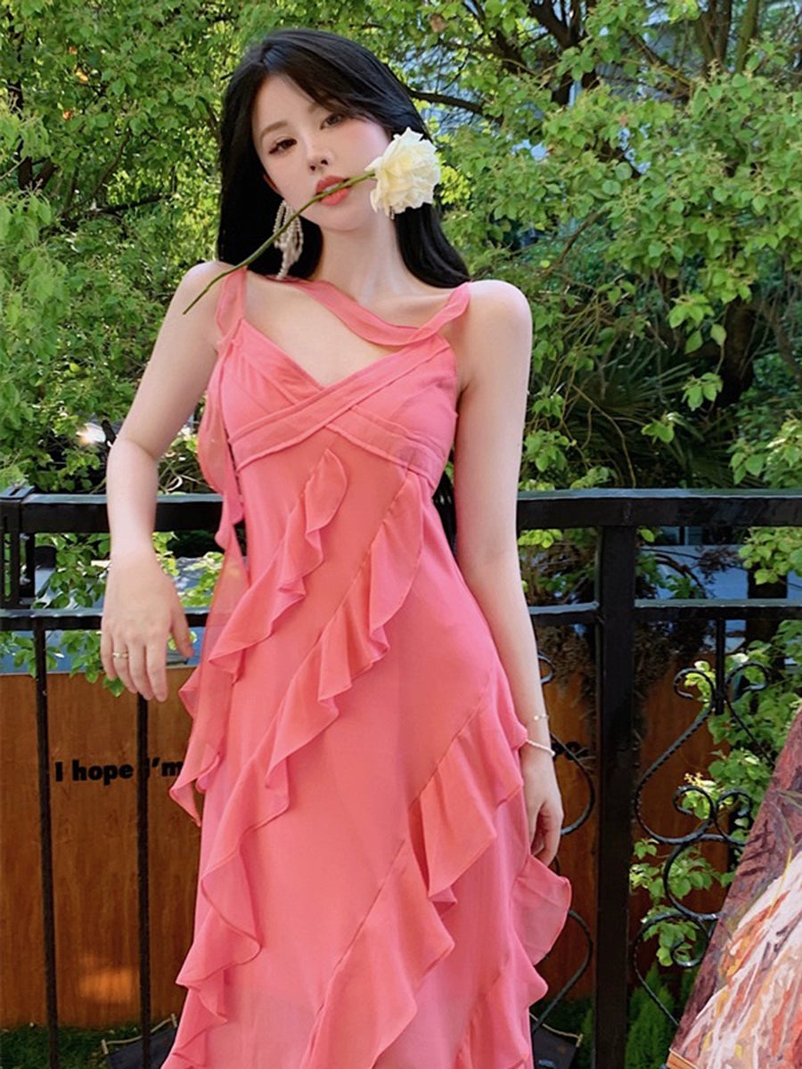 Fashion women's wear French Style Green Suspenders Dress Women's Summer V-neck Elegant Ruffle Waist-Tight Seaside Vacation Beach Dress