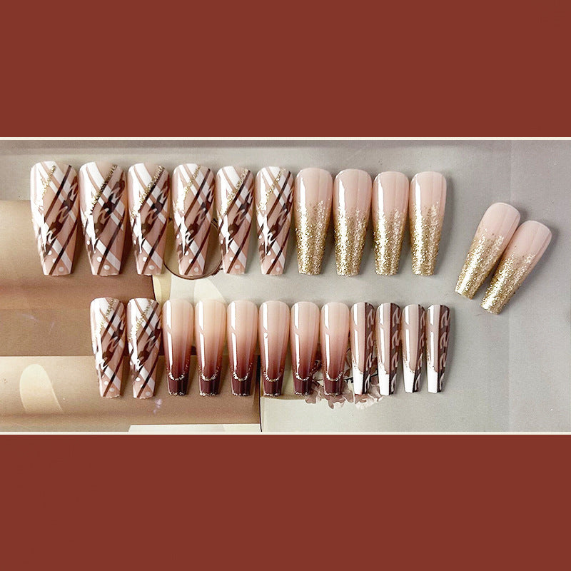 格纹渐变穿戴甲渐变nails 跨境美甲片外贸假指甲长梯甲型美甲贴片