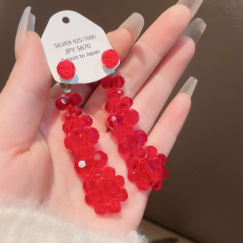 银针红色不规则水晶耳环时尚高级感耳钉女小众设计感百搭耳饰批发