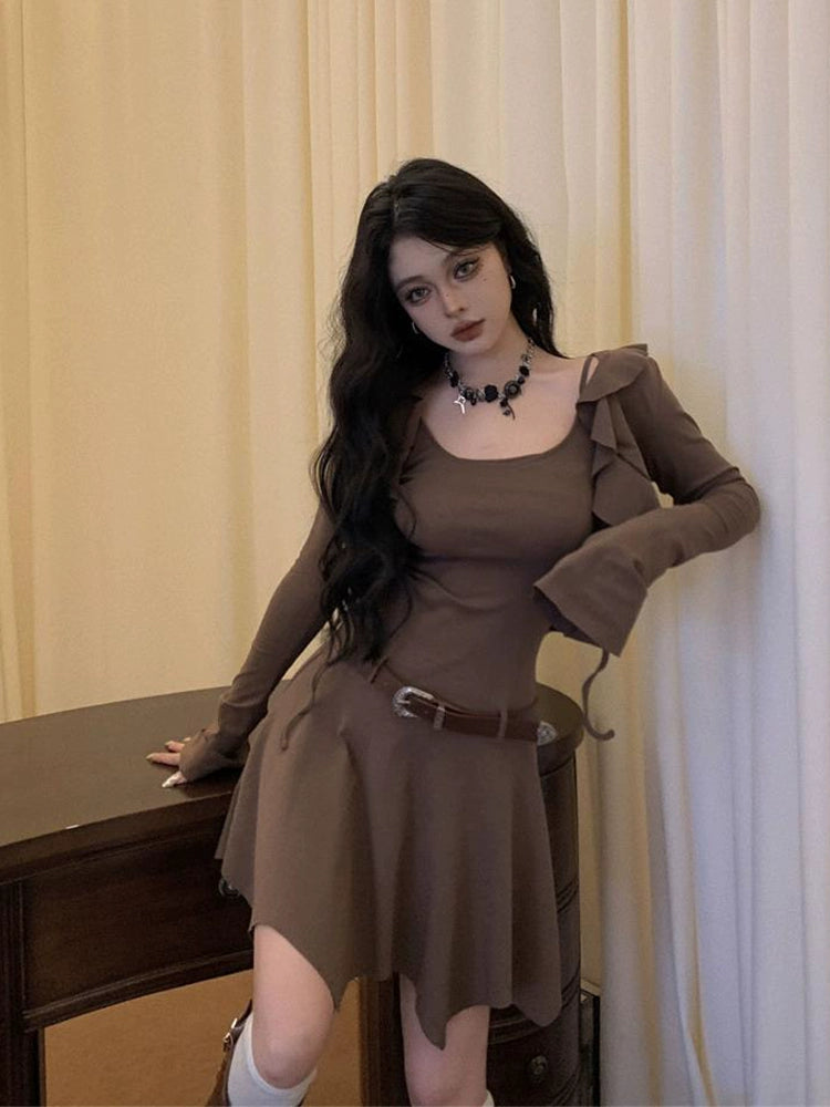 Fashion women's wear Brown Sleeveless Sling Dress Women's Summer Hot Girl Fitted Waist Pleated A- line Short Skirt Ruffled Cardigan Two-Piece Set