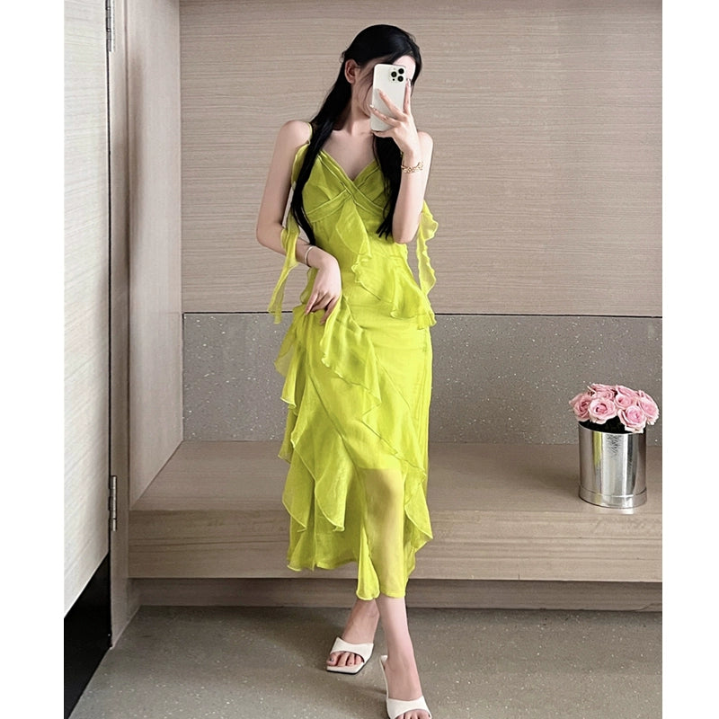 Fashion women's wear Tea Break Is Very Beautiful Spaghetti-Strap Ruffle Dress Design Sense Niche Super Fairy Two-Piece Suit Vacation Fairy Long Skirt