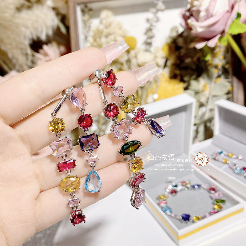 Camellia洛丽塔花园彩虹宝石套装女 镀金糖果彩宝异形锆耳坠手链