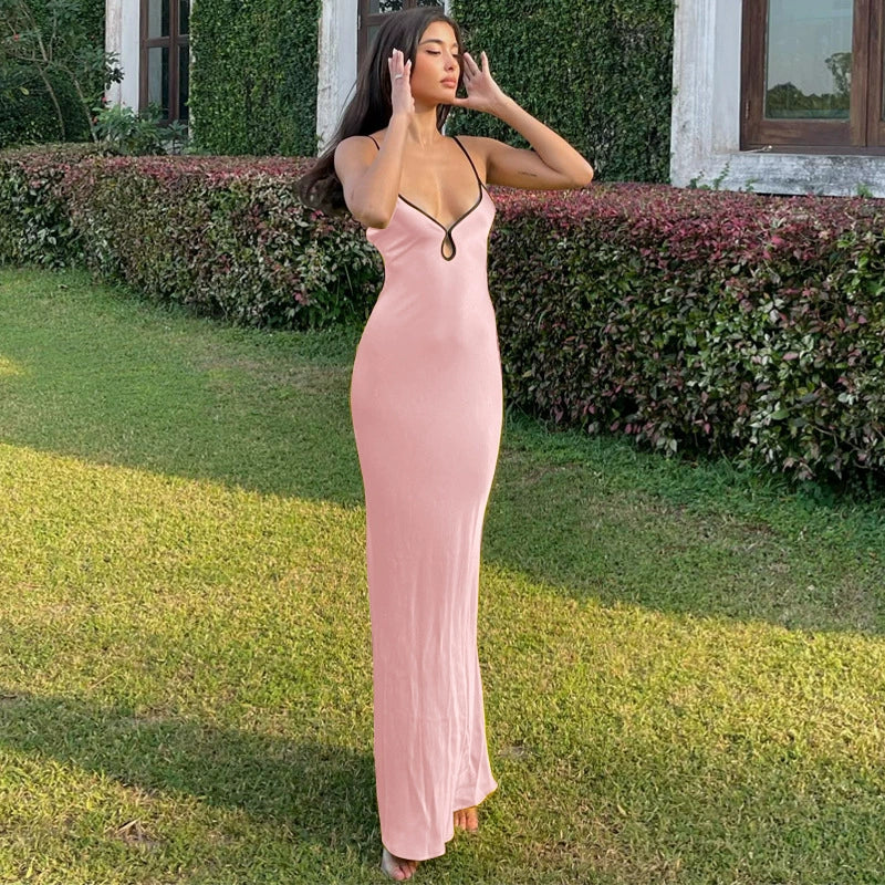Fashion women's wear High-Grade Solid Color Satin Sling Dress Special-Interest Design French Style Temperament Hot Girl Seaside Vacation Slim Fit Long Dress
