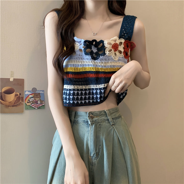 Dopamine tops Free shipping Tattoo Dopamine Stripe Hollow Suspender Small Vest Women's Xia Tailand Wear Ethnic Style Outside Thai Seaside Top