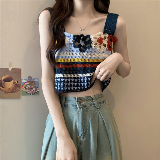 Dopamine tops Free shipping Tattoo Dopamine Stripe Hollow Suspender Small Vest Women's Xia Tailand Wear Ethnic Style Outside Thai Seaside Top