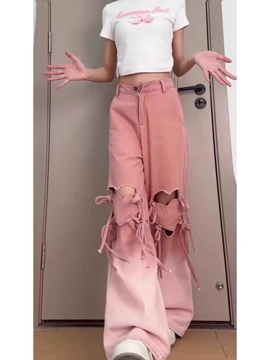Free shipping  Dopamine pink love ripped jeans women's 2024 new summer design sense gradual change loose wide-leg pants