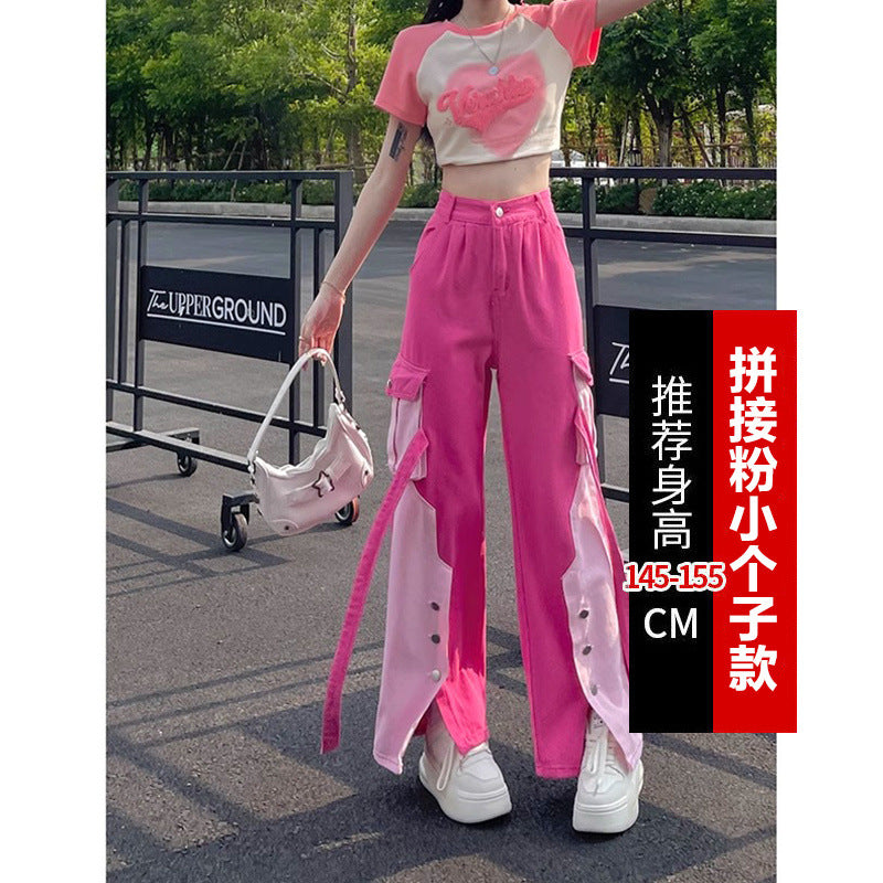 Free shipping   Girl Dopamine Wear Tooling Jeans Women's Small Color Matching Straight Skinny Loose Wide Leg Pants Tide pants