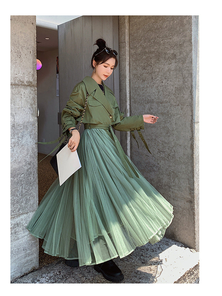 Fashion women's wear A Large Number of in Stock 2024   Purpleflower Holly Leaf Spring and Autumn Trench Coat Women's French Mesh Stitching Casual Temperament Coat