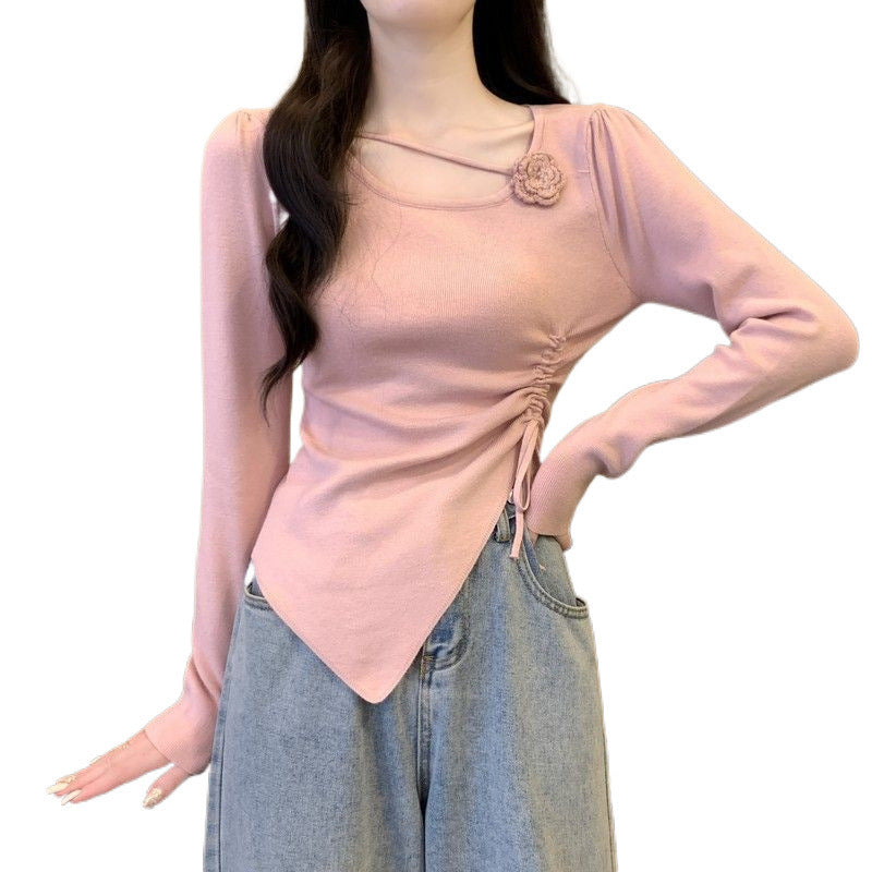 Dopamine tops Free shipping Tattoo Dopamine red three-dimensional flower long-sleeved knitted sweater for women's early autumn side drawstring closed waist and thin outer wear small top
