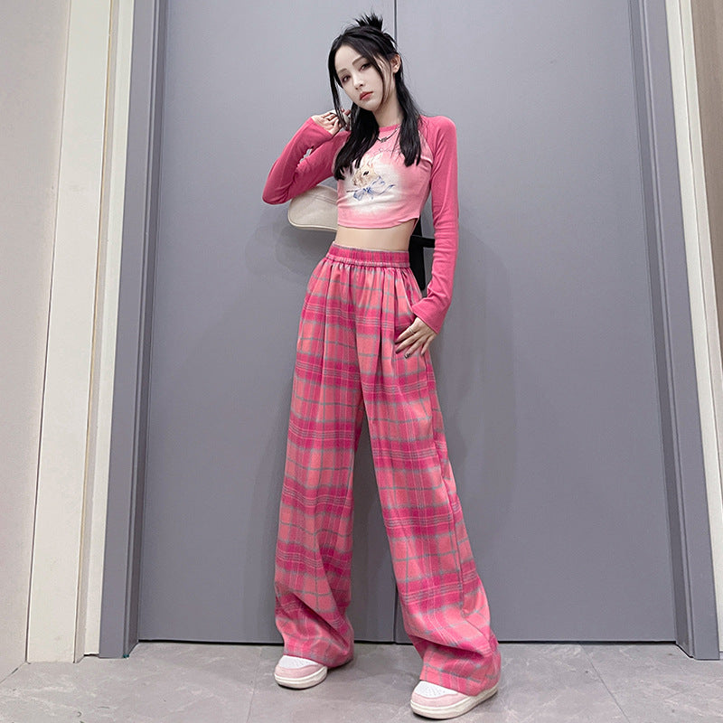 Dopamine pants Free shipping Tattoo Autumn 24 new dopamine plaid pants women's high-waisted versatile casual trousers narrow version vertical contrasting wide-leg trousers