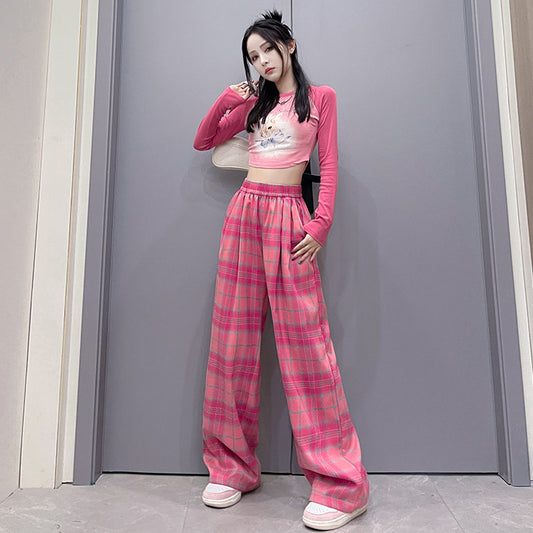 Dopamine pants Free shipping Tattoo Autumn 24 new dopamine plaid pants women's high-waisted versatile casual trousers narrow version vertical contrasting wide-leg trousers