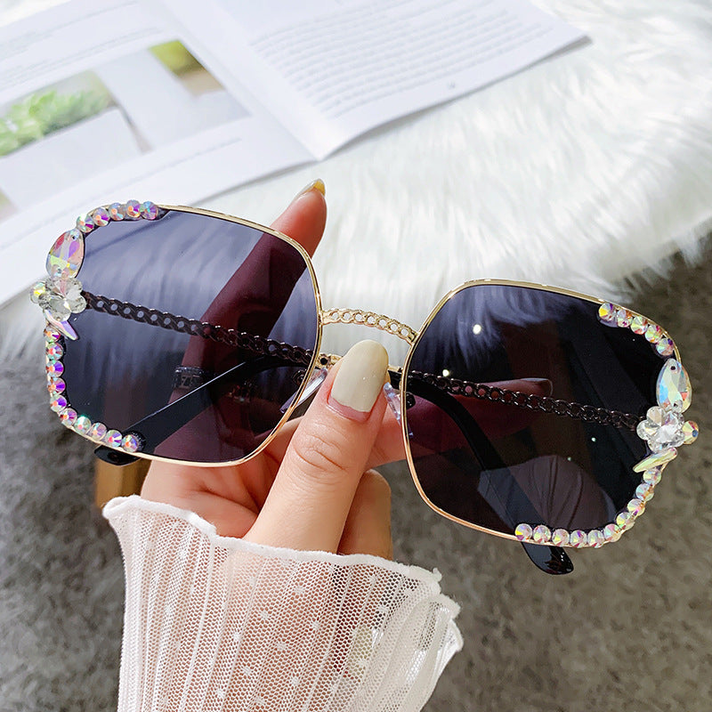 Women's fashion glasses 2024 无框镶钻女韩版潮防紫外线墨镜女素颜神器显脸小太阳镜2022新款