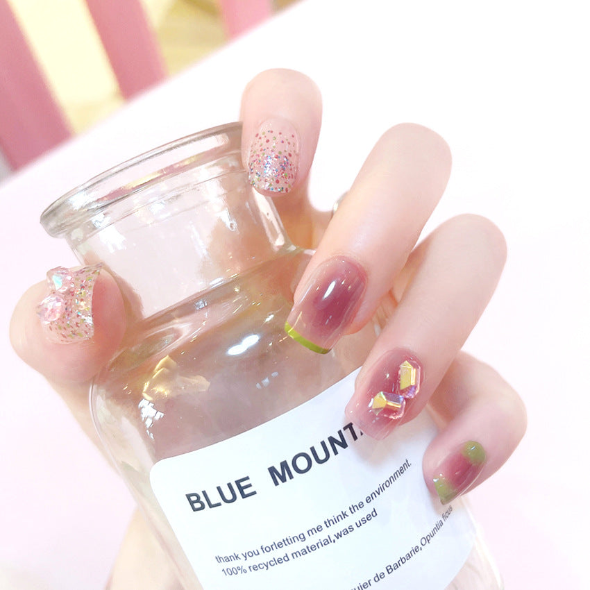 Fashion  nail Internet Celebrity Fake Nail Patch Wear Armor Finished Product Nail Tip Blush Cube Sugar Drill Nail Stickers Disassembly Nail Patch Y57
