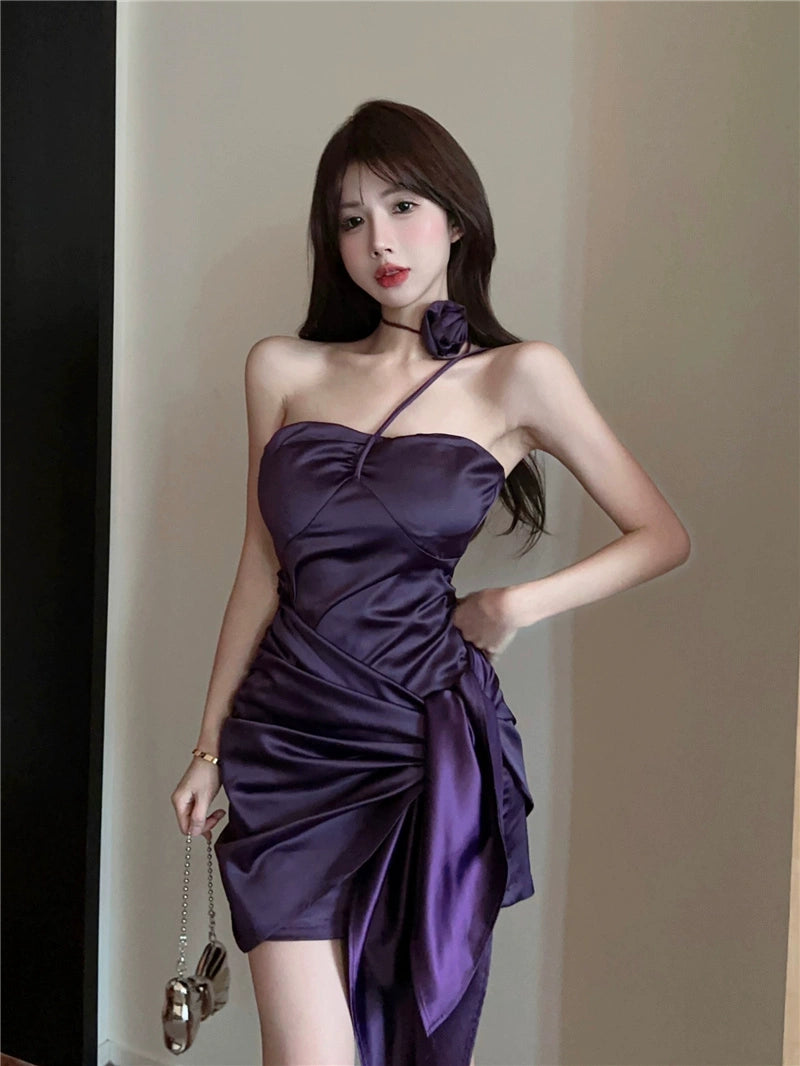 Fashion women's wear Purple Satin Tube Top Dress Women Xiacnee Want Sexy Sheath Beautiful Little Mom Short Skirt Irregular Halterneck Skirt