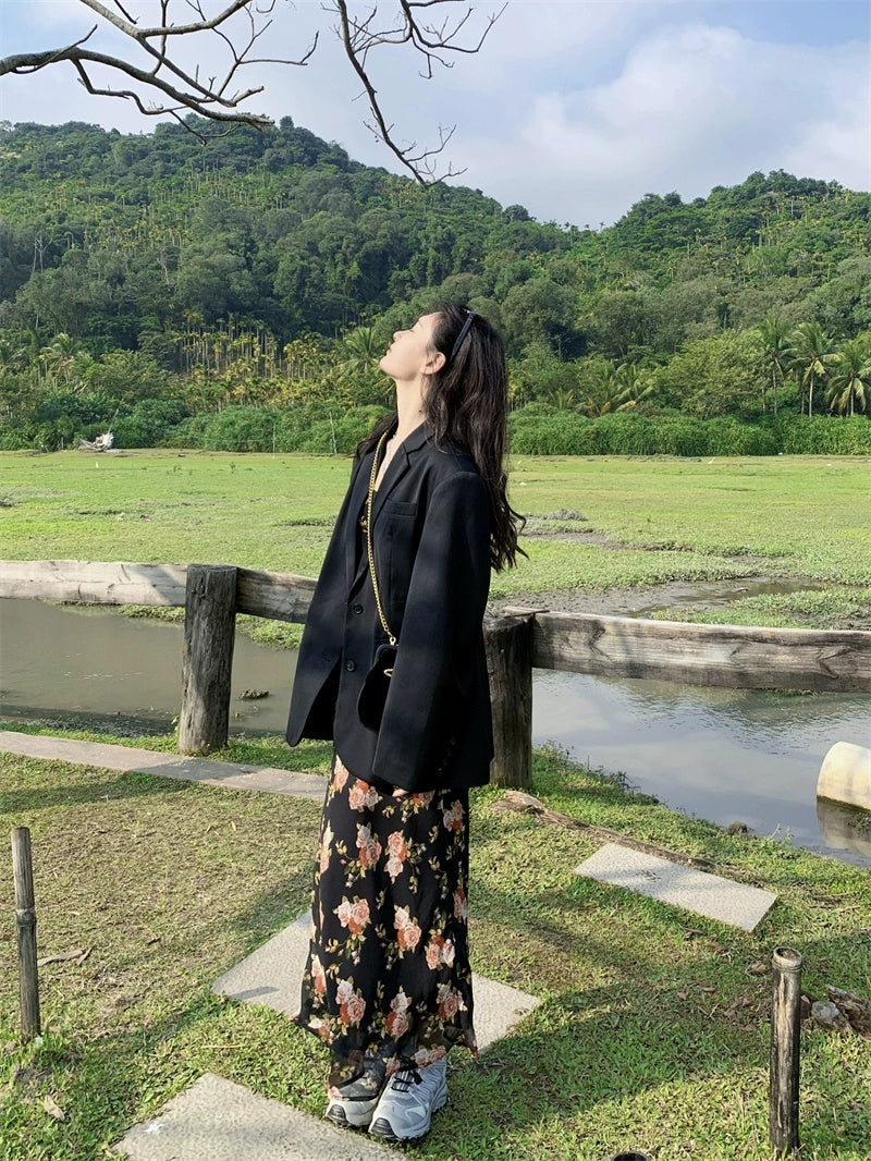 Fashion women's wear Tea Break French Floral Strap Dress Women's Summer Small Flounced Sleeve Tight Waist Fishtail Hip Skirt Seaside Holiday Beach Skirt