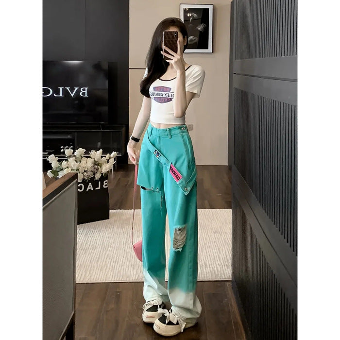 Free shipping  Gradually change color ripped dopamine wear jeans women small summer French straight high waist thin wide leg pants
