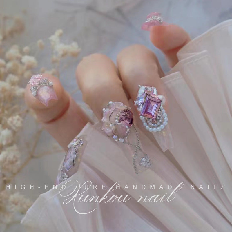 (Hand-Made Nail) Painted Pink Three-Dimensional Gradient Butterfly Handmade Wear Armor Finished Detachable Flash Aurora Diamond in the Debris Bride