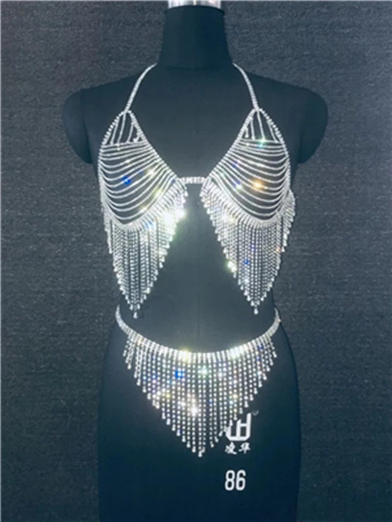 Fashion Jewelry European and American rhinestone body chain set, sexy and shiny tassel nightclub fashion show, trendy lingerie show, body chain