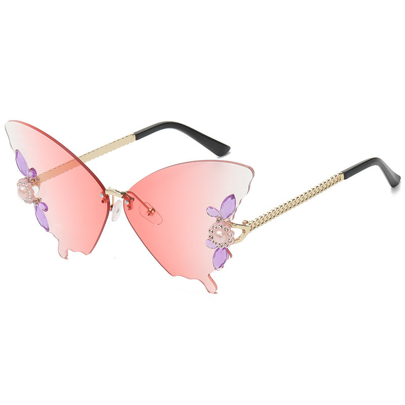 Women's fashion glasses 新款珍珠欧美跨境舞会蝴蝶镶钻大框太阳镜女时尚墨镜女潮流街拍