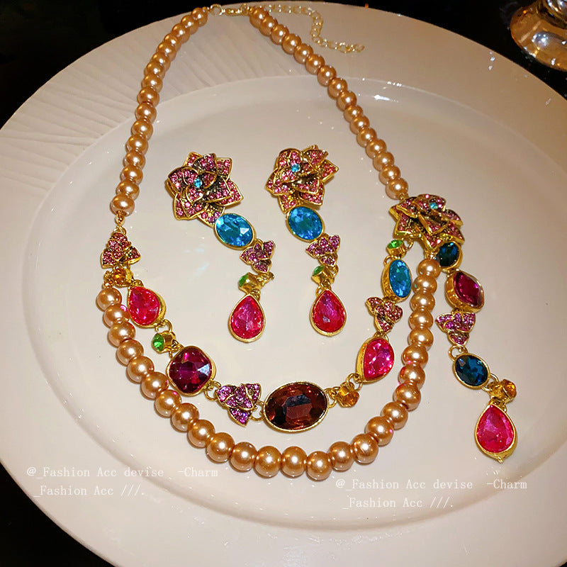 中古银针镶钻花朵流苏耳环复古宫廷风气质耳钉小众高级感耳饰批发