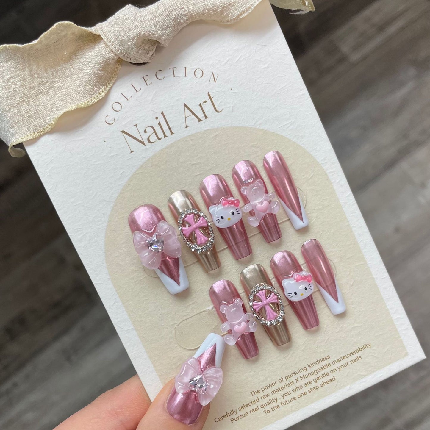 (reusable nail)"Handmade real shot" handmade nail cartoon cute Hello Kitty hug bear Croce cross bow