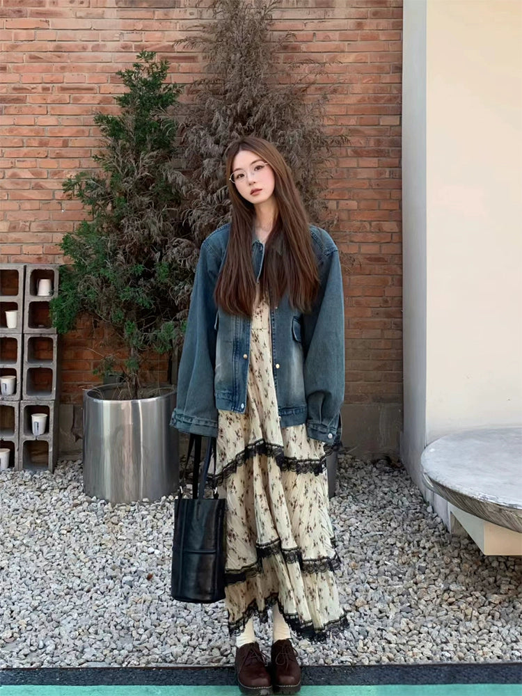 Fashion women's wear French Style Floral Strap Dress 2024 Spring New Style Small Temperament Beautiful Tiered-Ruffle Long Dress Women